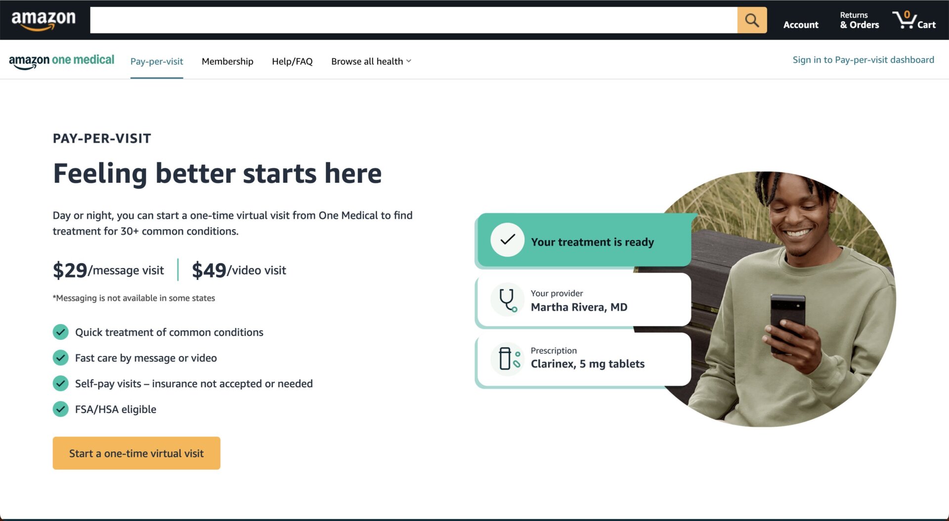 Amazon homepage for its pay-per-visit telehealth appointments.